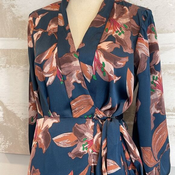 Dark Teal Satin Asymmetrical Flounce Trim Midi Dress - Picture 3 of 3